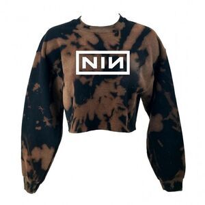 Nine Inch Nails NIN Acid Wash Crop Top Long Sleeve Pullover Crewneck Sweatshirt